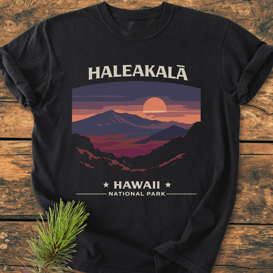 Haleakala National Park - Vintage Wash Tee featuring a stylized sunset-mountain design, laid flat on wood with HALEAKALĀ and HAWAII ★ NATIONAL PARK text, accompanied by a pine sprig.