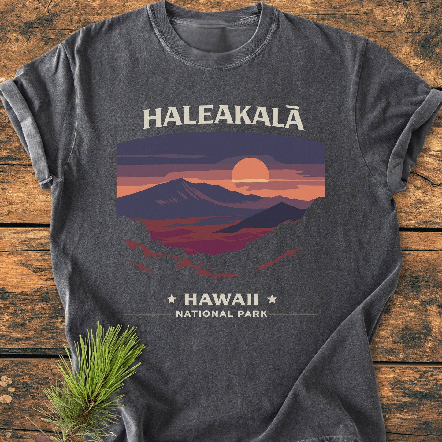 Haleakala National Park - Vintage Wash Tee in charcoal-gray, featuring a stylized mountain and sun graphic with HALEAKALĀ and HAWAII NATIONAL PARK text, displayed on a wooden surface with a pine sprig.
