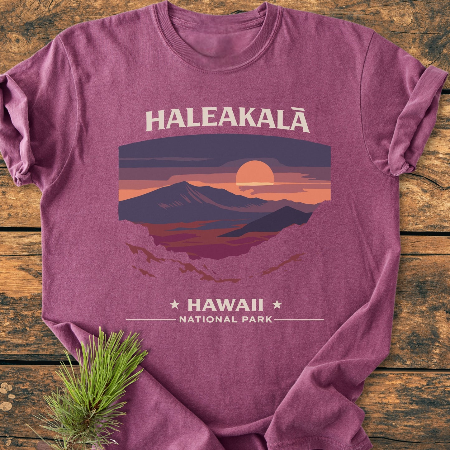 Haleakala National Park - Vintage Wash Tee features a stylized mountain graphic with the words HALEAKALĀ and HAWAII • NATIONAL PARK, displayed on a rustic wooden surface with a sprig of greenery.