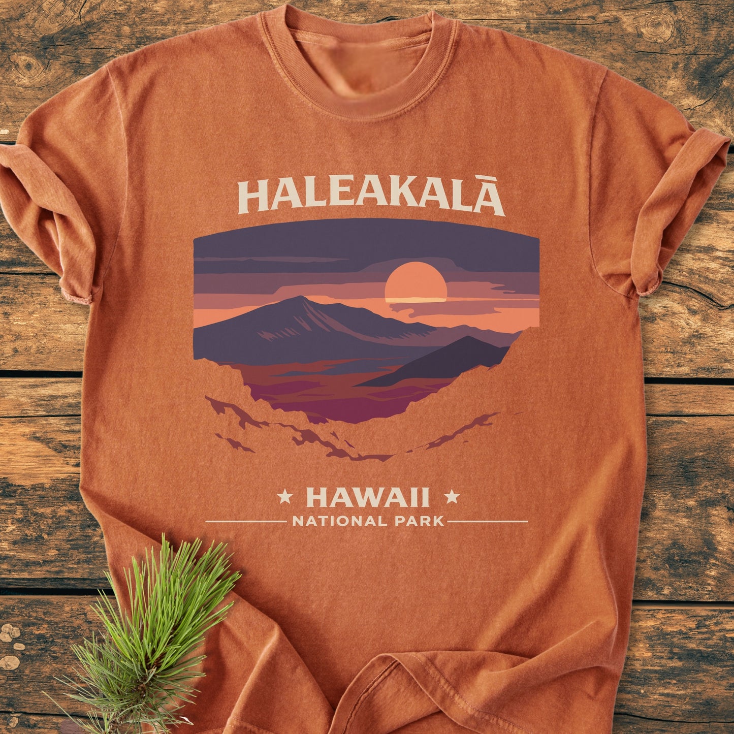 Haleakala National Park - Vintage Wash Tee features a mountain landscape graphic, with HALEAKALĀ above and ★ HAWAII ★ NATIONAL PARK below, on a rust-orange T-shirt laid flat, pine sprig beside.