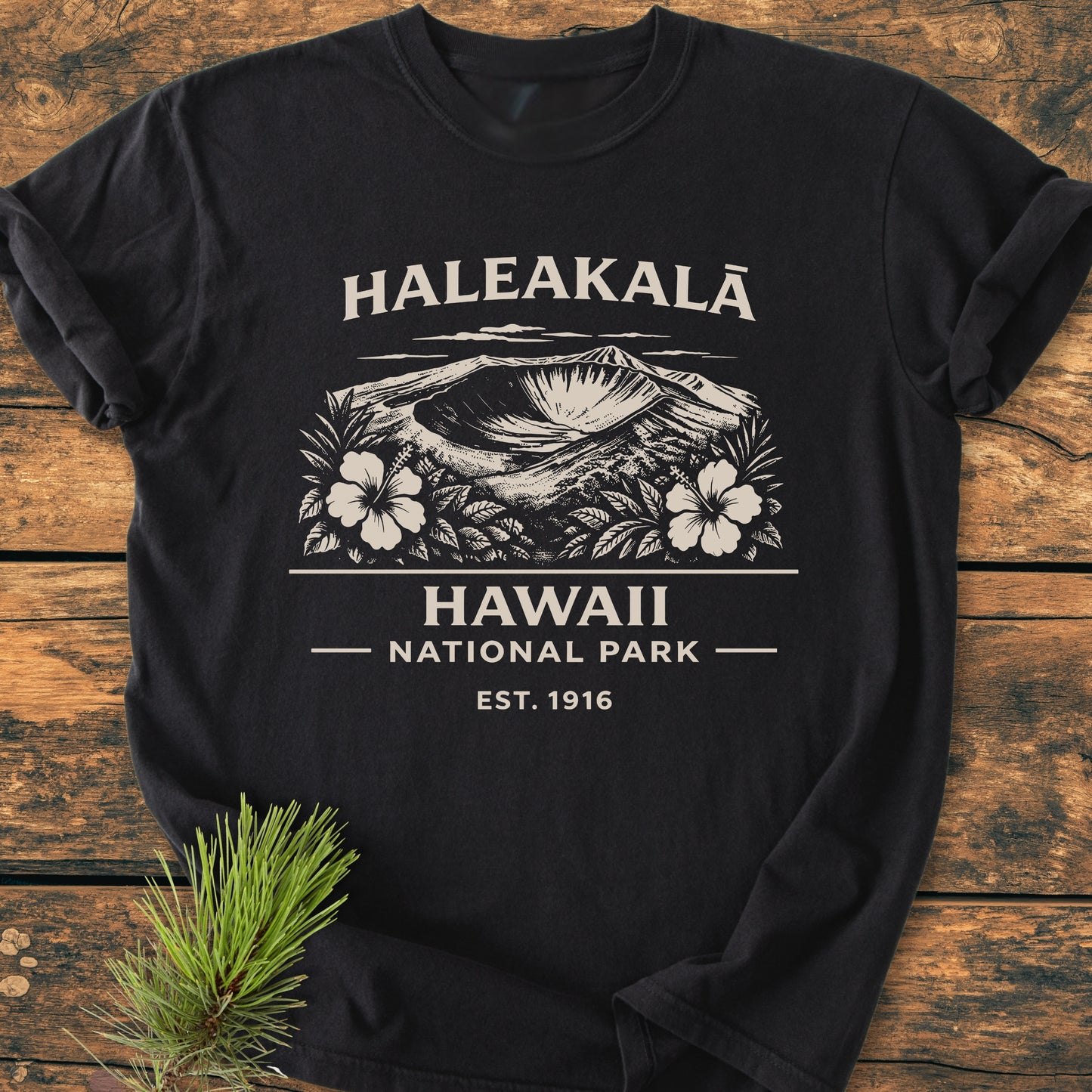 Haleakalā Hawaii National Park - Vintage Wash Tee features a hand-drawn volcanic crater with tropical foliage, printed in off-white on a black, relaxed-fit, garment-dyed T-shirt, laid on a wooden surface.