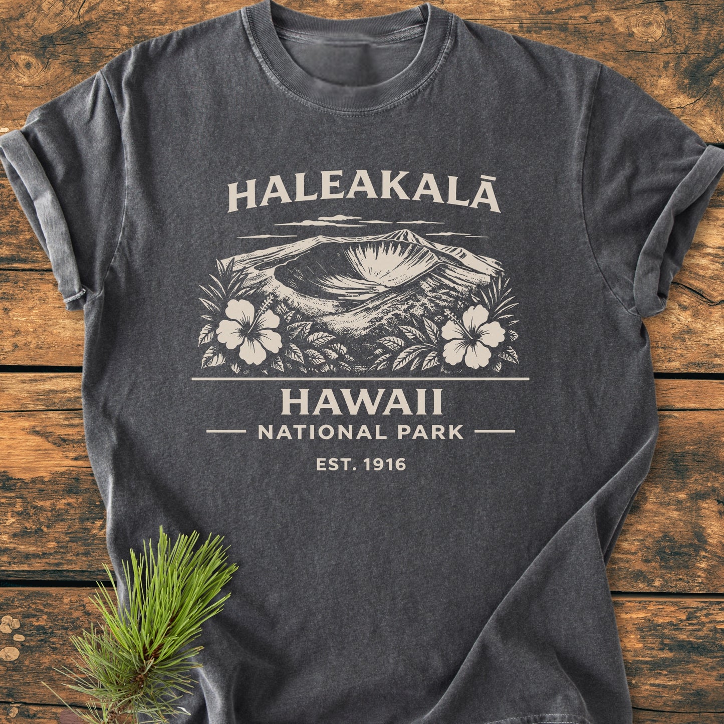 Haleakalā Hawaii National Park - Vintage Wash Tee displays a vintage graphic of Haleakalā crater with hibiscus flowers. Charcoal-gray, laid flat, showcasing its relaxed fit and durable double-needle stitching.