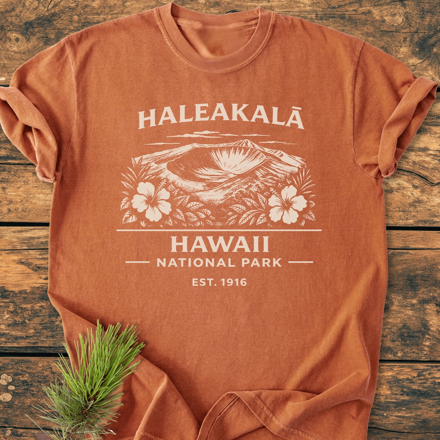 Haleakalā Hawaii National Park - Vintage Wash Tee displayed on wood, featuring a vintage Haleakalā crater graphic framed by hibiscus, with pine needles nearby. Soft garment-dyed fabric enhances comfort and relaxed fit.