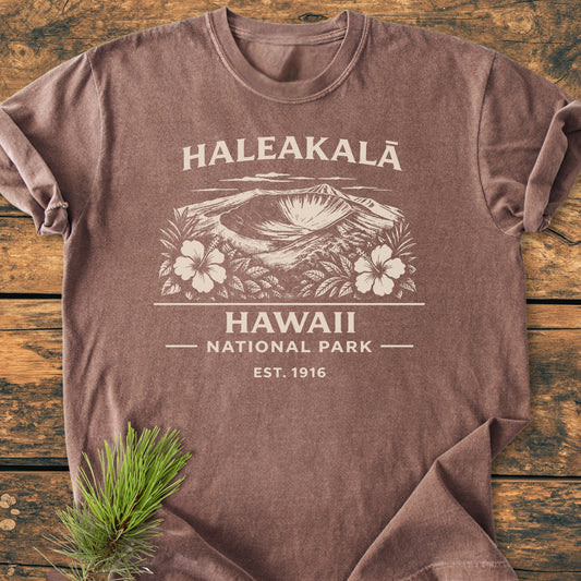 Haleakalā Hawaii National Park - Vintage Wash Tee featuring a cream graphic of a volcanic crater with hibiscus, laid flat on wood, showcasing its relaxed fit and durable double-needle stitching.