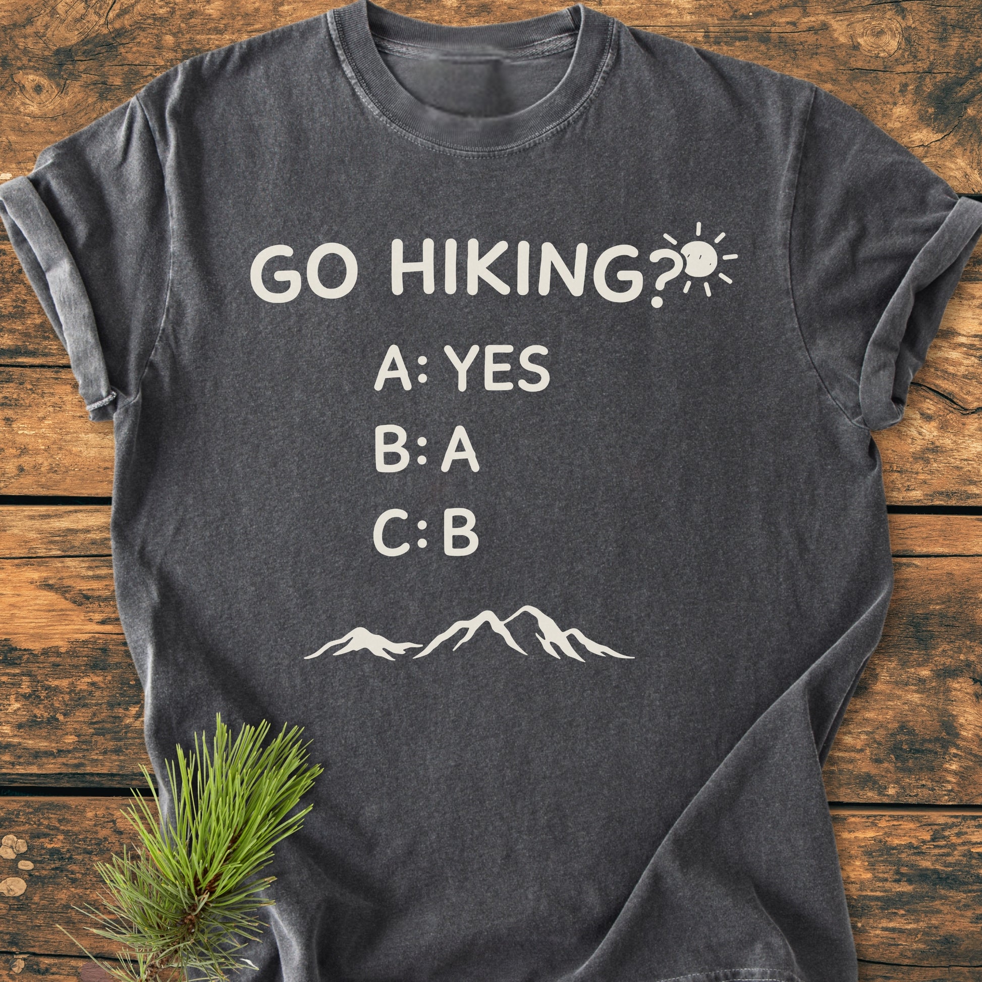 Go Hiking? - Vintage Wash Tee displayed flat on wood, featuring off-white slogan and mountain graphic. Rustic charm enhanced by a pine sprig, showcasing relaxed fit and garment-dyed texture.