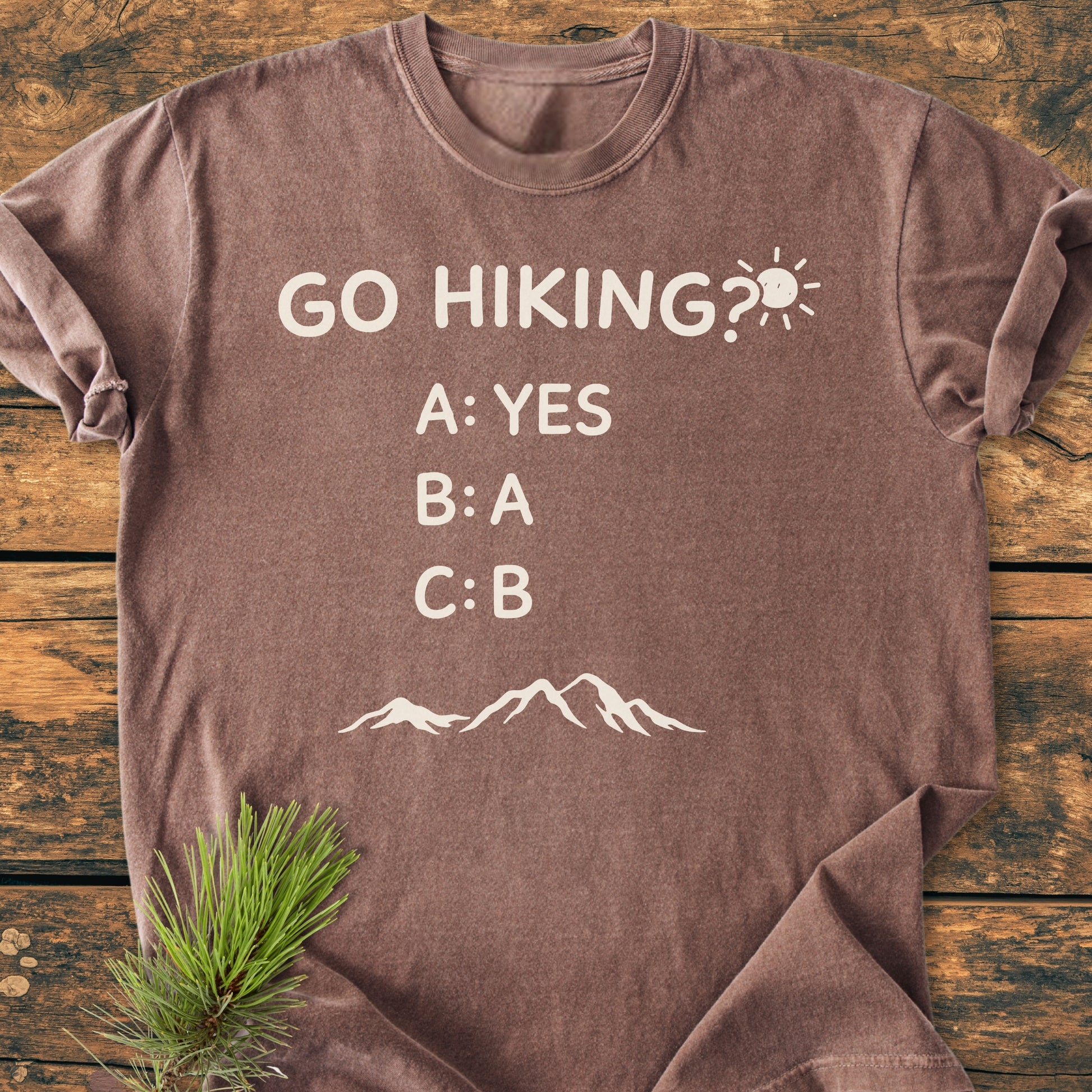 Go Hiking? - Vintage Wash Tee featuring a playful hiking-themed graphic with multiple-choice text and mountain silhouette, laid on a wooden surface with a pine sprig for a cozy, adventurous vibe.
