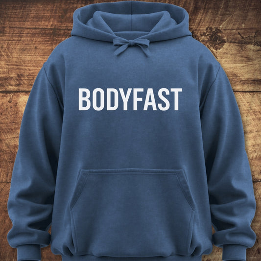 BODYFAST Hoodie with a kangaroo pocket and bold white lettering on the chest, featuring a relaxed unisex fit and jersey-lined hood, perfect for outdoor activities or casual wear.