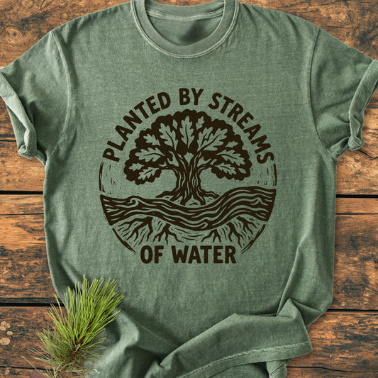Heather-green Planted By Streams, Psalm 1,3 - Vintage Wash Tee featuring a circular tree and water graphic, laid on wood with a pine sprig, showcasing a relaxed fit and durable design.