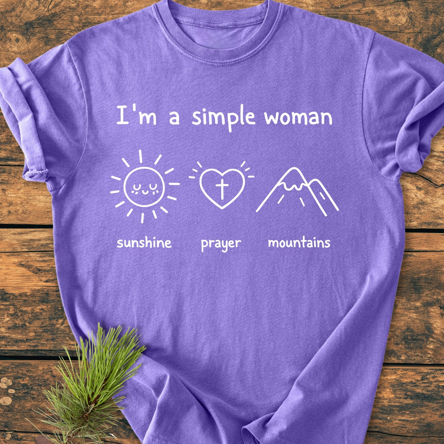 I'm A Simple Woman - Sunshine Prayer Mountains - Vintage Wash Tee; purple with white lettering and icons, soft-washed garment-dyed fabric, relaxed fit, 100% ring-spun cotton, durable stitching, tubular shape.