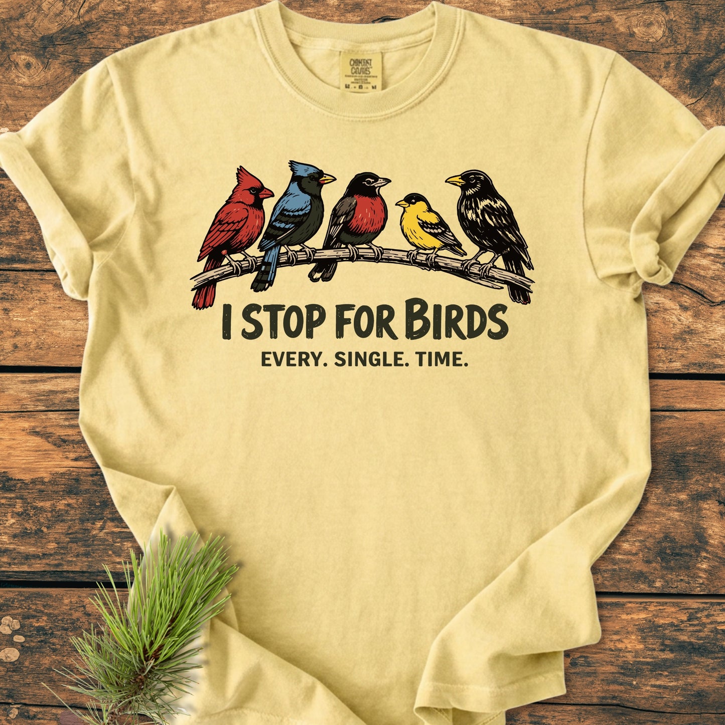 I Stop For Birds - Vintage Wash Tee featuring five colorful songbirds on a branch, captioned 'I STOP FOR BIRDS EVERY. SINGLE. TIME.' Laid on wooden surface, showcasing its relaxed fit and soft-washed fabric.