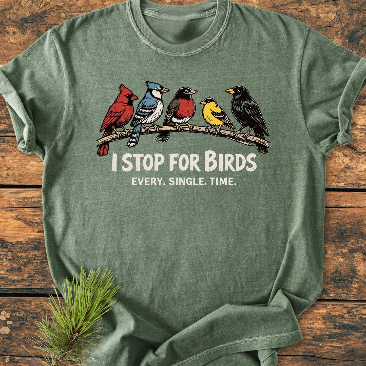 I Stop For Birds - Vintage Wash Tee features colorful songbirds and a slogan on a green, heather-style shirt, laid on a wood surface, highlighting its cozy, relaxed fit and durable design.