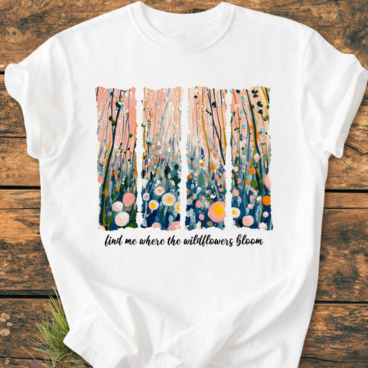 Find Me Where The Wildflowers Bloom - Vintage Heavyweight Tee features a painterly four-panel wildflower design and script phrase on a white T-shirt, showcasing a relaxed fit and durable construction.