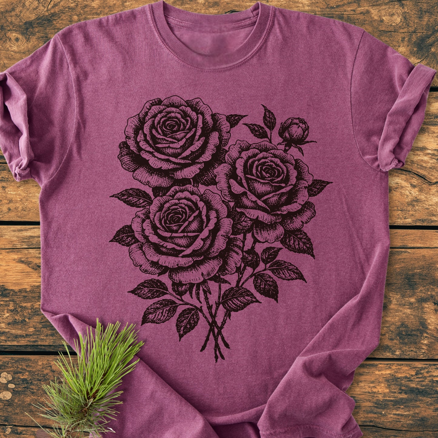 Rose Bouquet - Vintage Heavyweight Tee featuring a bold black line-drawing of roses, laid flat. Made of soft, garment-dyed 100% ring-spun cotton, showcasing durability with a relaxed fit.