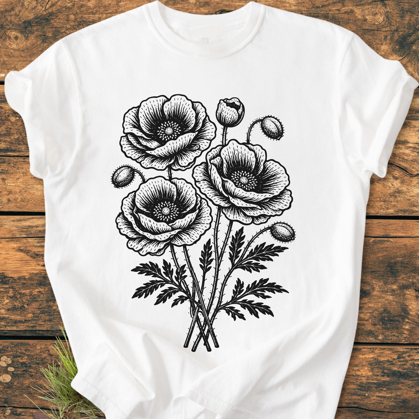 Poppy Bouquet - Vintage Heavyweight Tee: A white T-shirt with black, hand-drawn poppy flowers, featuring three open blossoms and buds, laid flat. Made of soft, pre-shrunk, 100% ring-spun cotton.