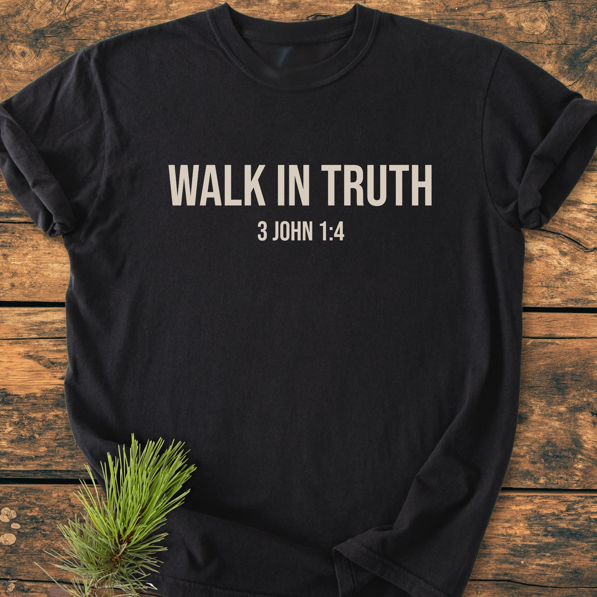 Walk In Truth - Vintage Wash Tee on wooden surface, featuring bold WALK IN TRUTH text and 3 JOHN 1:4 reference; made from soft, durable 100% ring-spun cotton, relaxed fit.