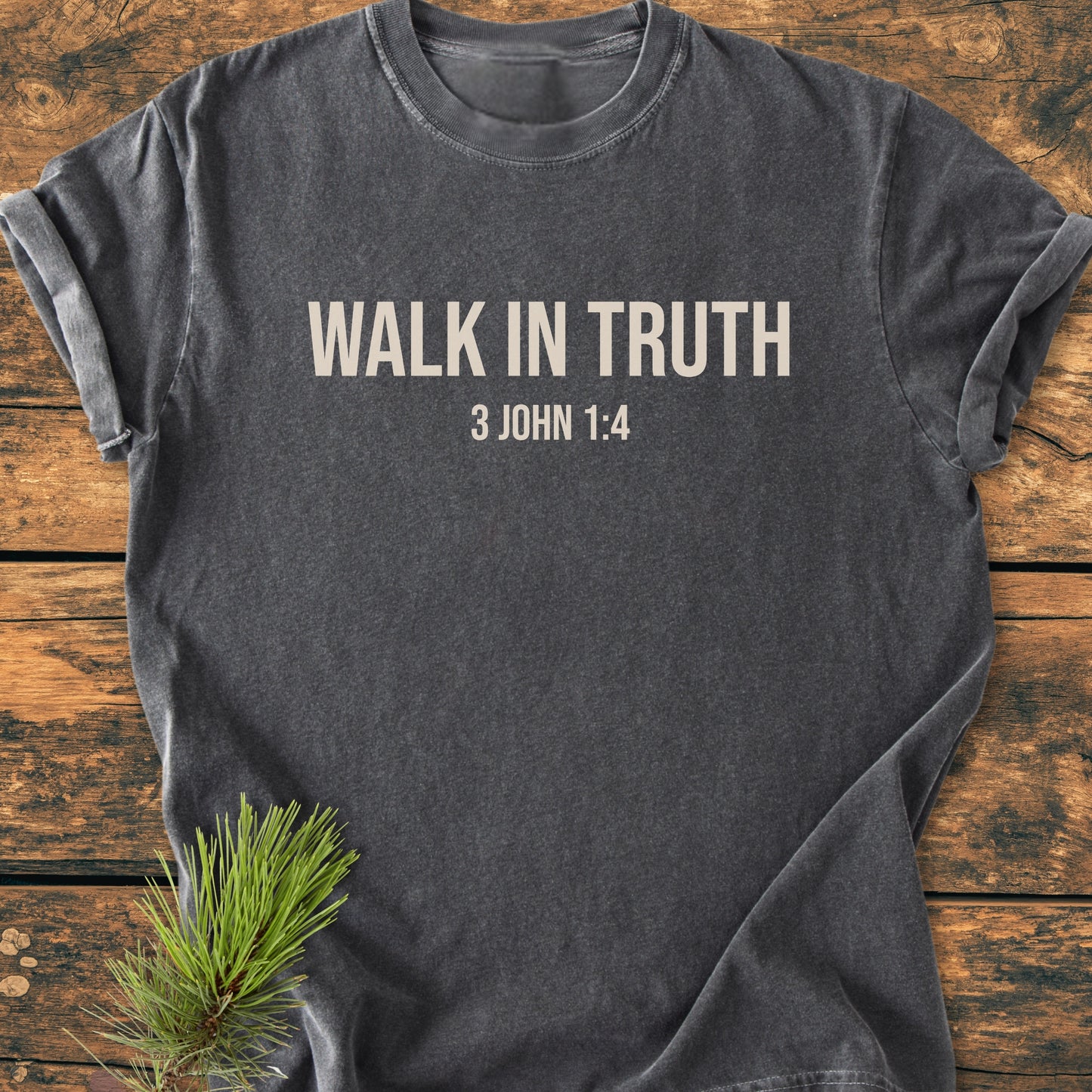 Walk In Truth - Vintage Wash Tee, dark gray with rolled sleeves, features bold lettering on the chest. Laid flat on wood, it’s adorned with a pine sprig for rustic charm.