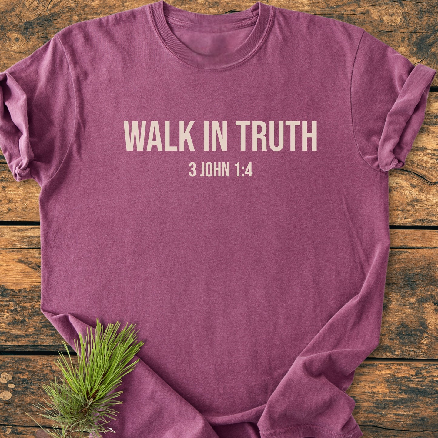 Walk In Truth - Vintage Wash Tee: A maroon-purple crew-neck with “WALK IN TRUTH” and “3 John 1:4” printed on it, laid flat on wood, accented by a pine sprig.