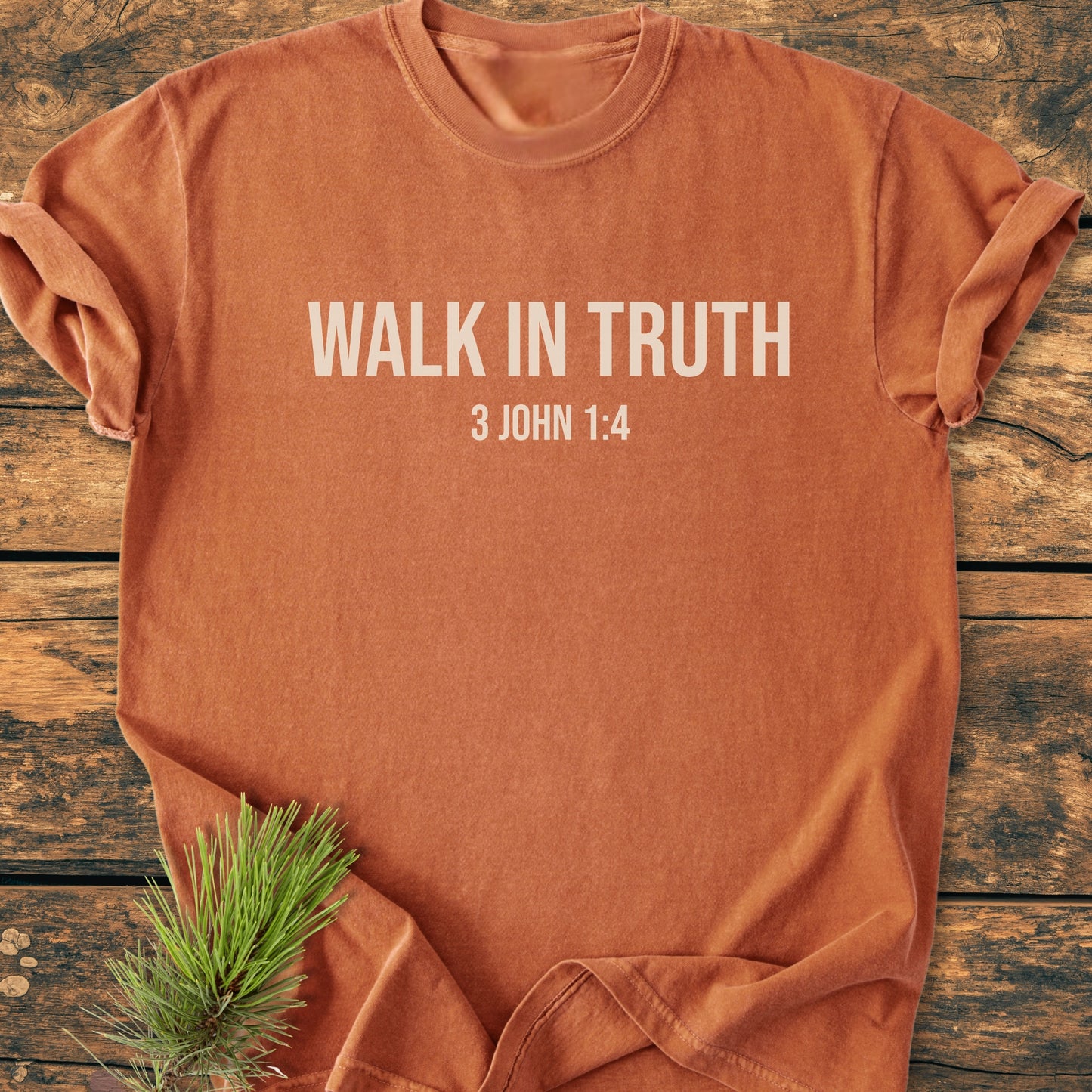 Walk In Truth - Vintage Wash Tee, rust-orange, short-sleeved, with WALK IN TRUTH and 3 JOHN 1:4 on chest, displayed on wood surface with pine sprig, emphasizing rustic charm.