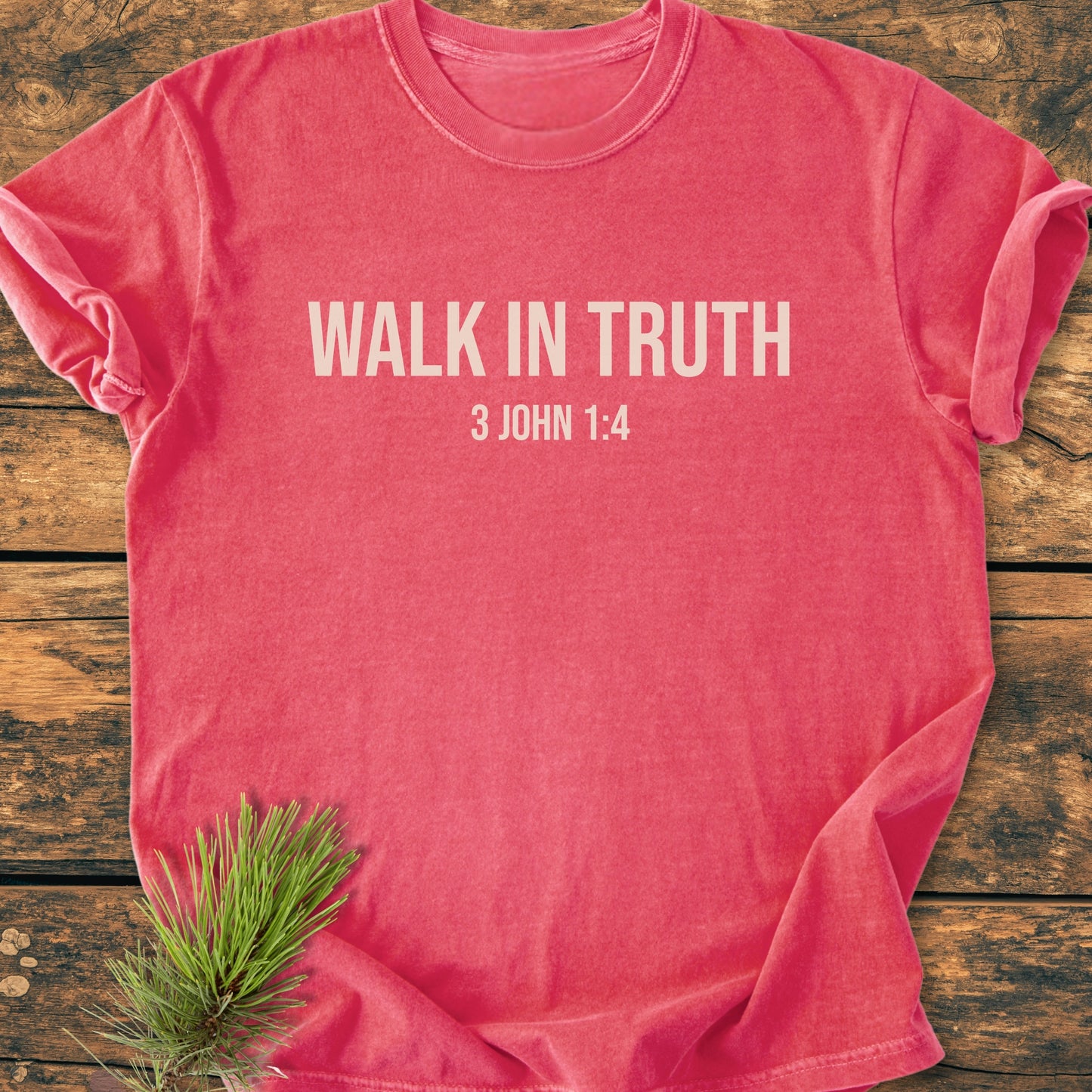 Walk In Truth - Vintage Wash Tee, displayed flat, features white block text WALK IN TRUTH • 3 JOHN 1:4 on the chest. A pine sprig accents the coral-red fabric.
