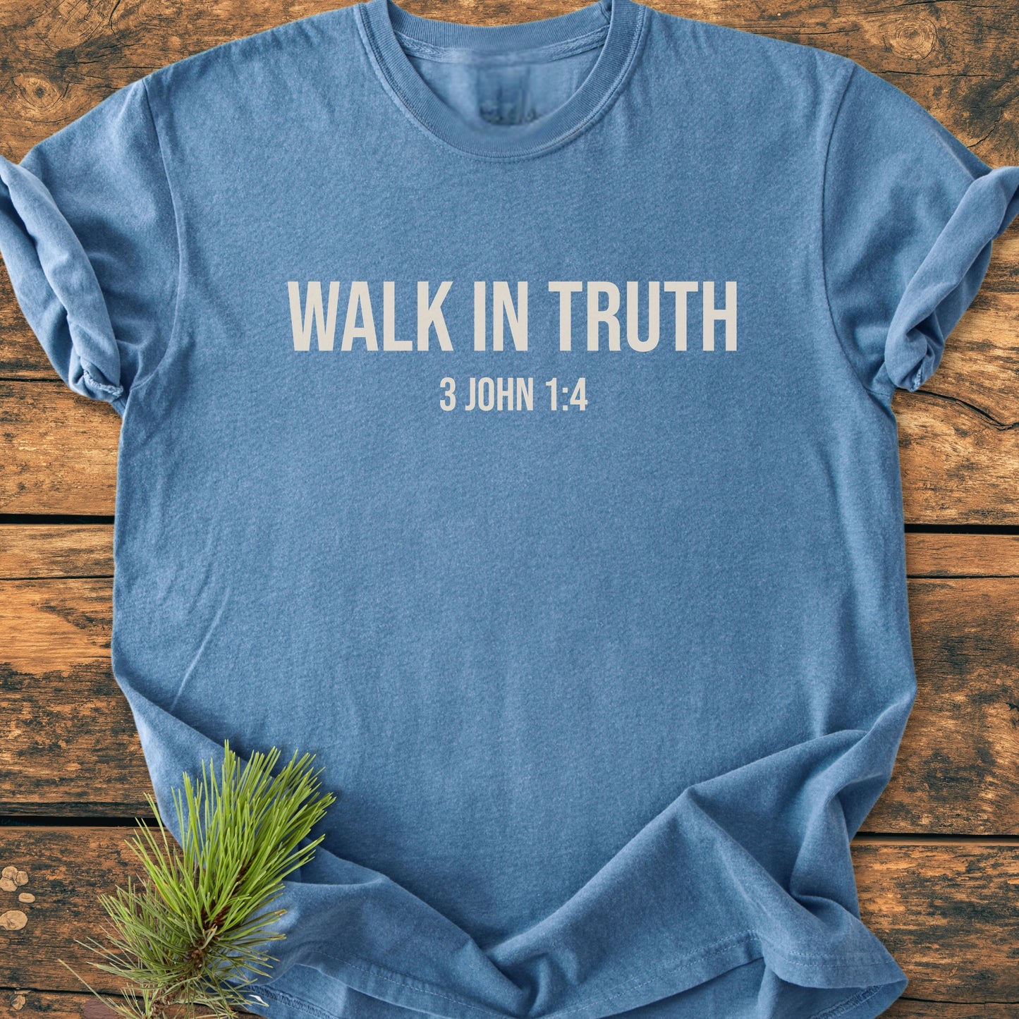 Heather-blue Walk In Truth - Vintage Wash Tee laid flat, featuring bold lettering with a biblical reference. A pine sprig accents the scene, emphasizing the tee's rustic, relaxed appeal.