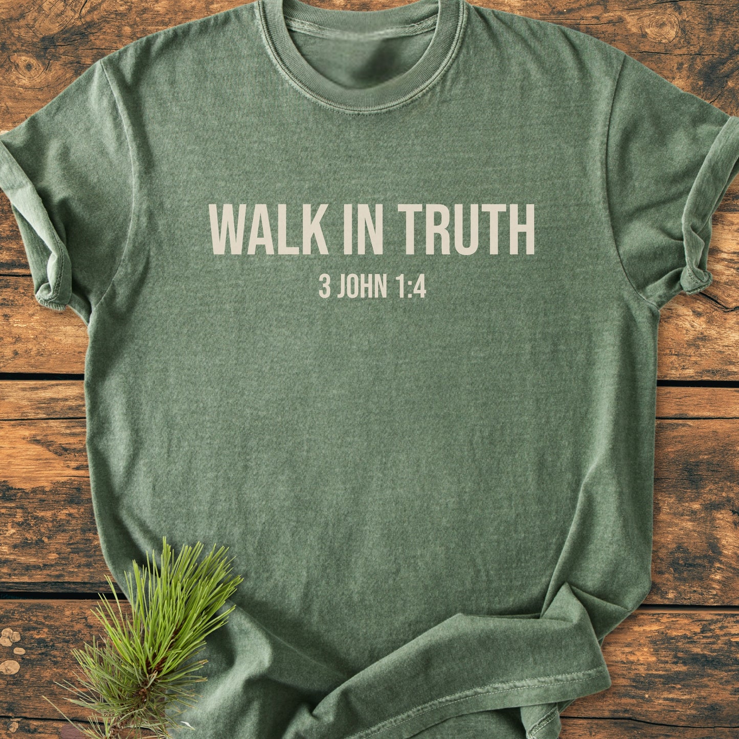 Walk In Truth - Vintage Wash Tee features soft-green fabric with WALK IN TRUTH and 3 JOHN 1:4 on the chest, laid flat with pine needles accentuating its rustic charm.