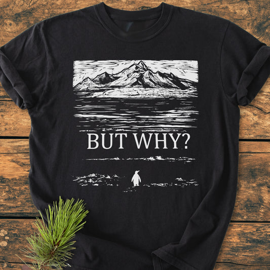 But Why - Vintage Heavyweight Tee featuring a woodcut-style mountain and water print, “BUT WHY?” text, and a penguin silhouette, displayed on a wooden surface, showcasing its relaxed fit and durability.