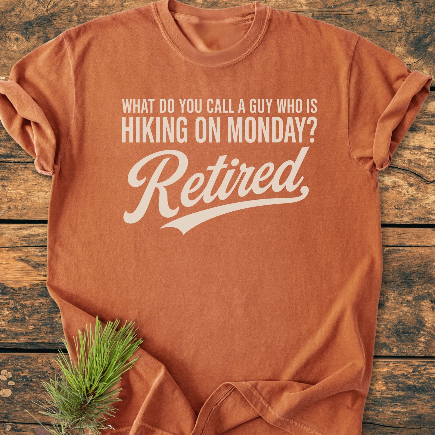 Hiking On Monday - Vintage Wash Tee, featuring a bold question and punchline print, is displayed flat. A sprig of pine needles complements this tee, ideal for outdoor-loving retirees.