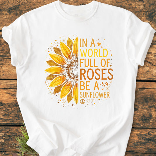 Be A Sunflower - Vintage Wash Tee featuring a large, stylized half-sunflower and motivational slogan, laid on a wooden surface, designed for nature lovers and those embracing individuality.