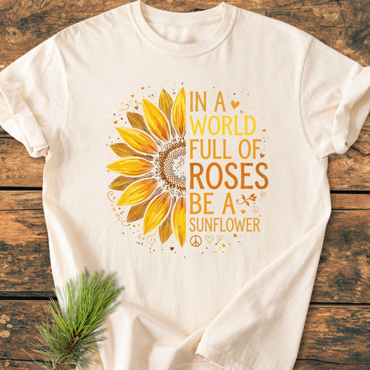 Be A Sunflower - Vintage Wash Tee featuring a large half-sunflower graphic and motivational slogan on a light-cream T-shirt, laid flat on wood, embodying warmth and individuality.