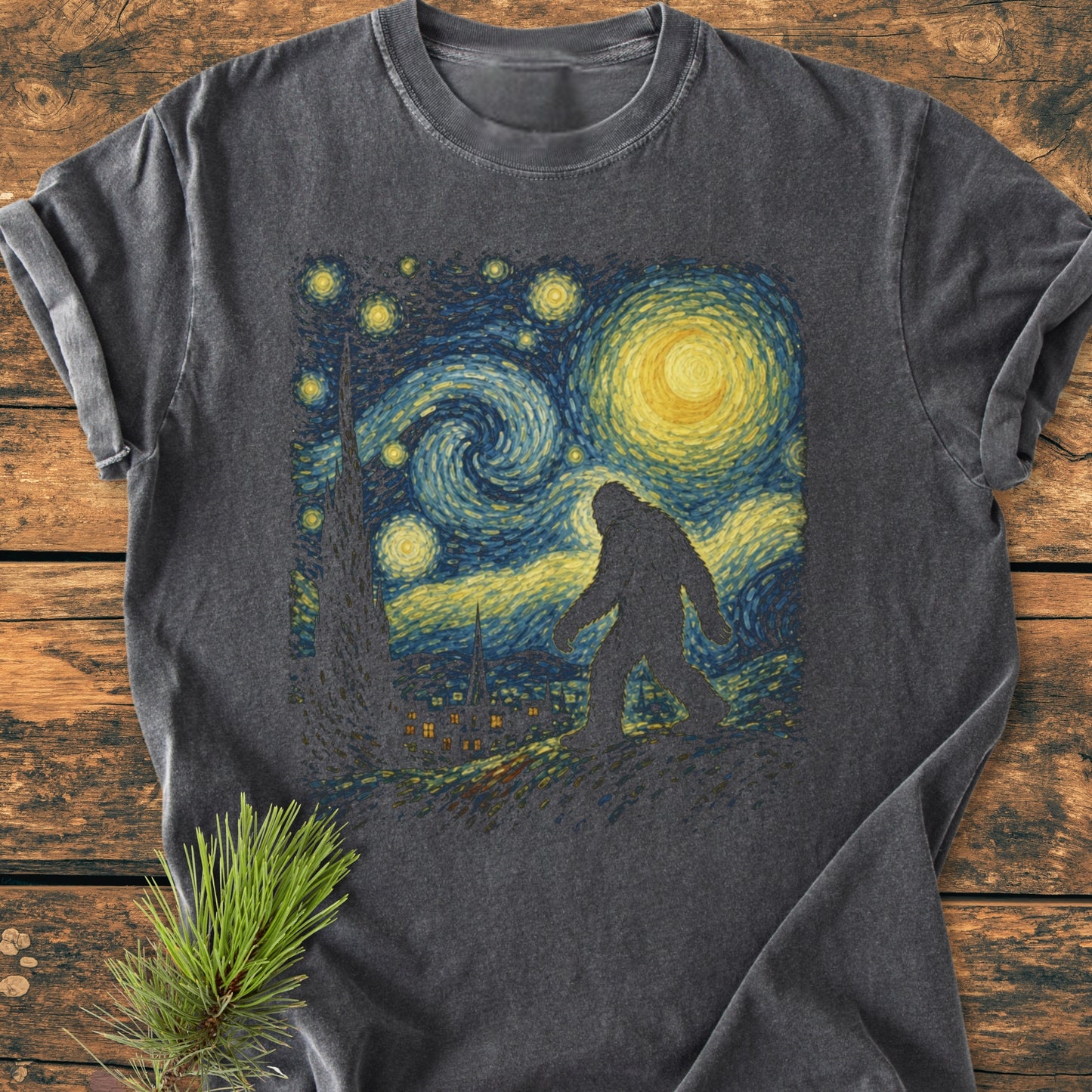 Bigfoot Starry Night – Sasquatch Art - Vintage Wash Tee
