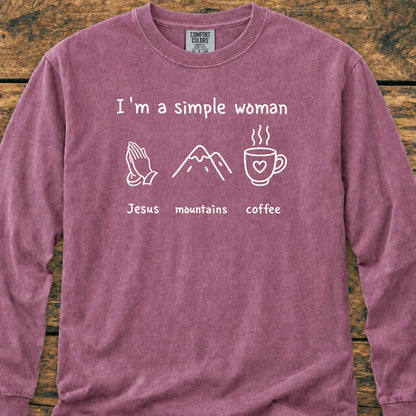 I'm A Simple Woman. Jesus Mountains Coffee Long-Sleeve Tee