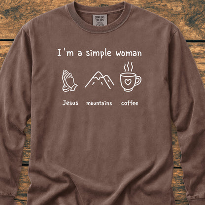 I'm A Simple Woman. Jesus Mountains Coffee Long-Sleeve Tee