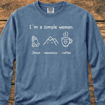 I'm A Simple Woman. Jesus Mountains Coffee Long-Sleeve Tee