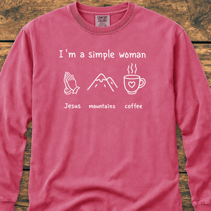 I'm A Simple Woman. Jesus Mountains Coffee Long-Sleeve Tee