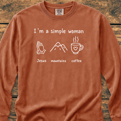 I'm A Simple Woman. Jesus Mountains Coffee Long-Sleeve Tee