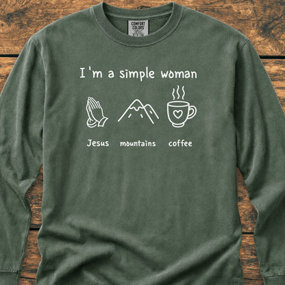 I'm A Simple Woman. Jesus Mountains Coffee Long-Sleeve Tee