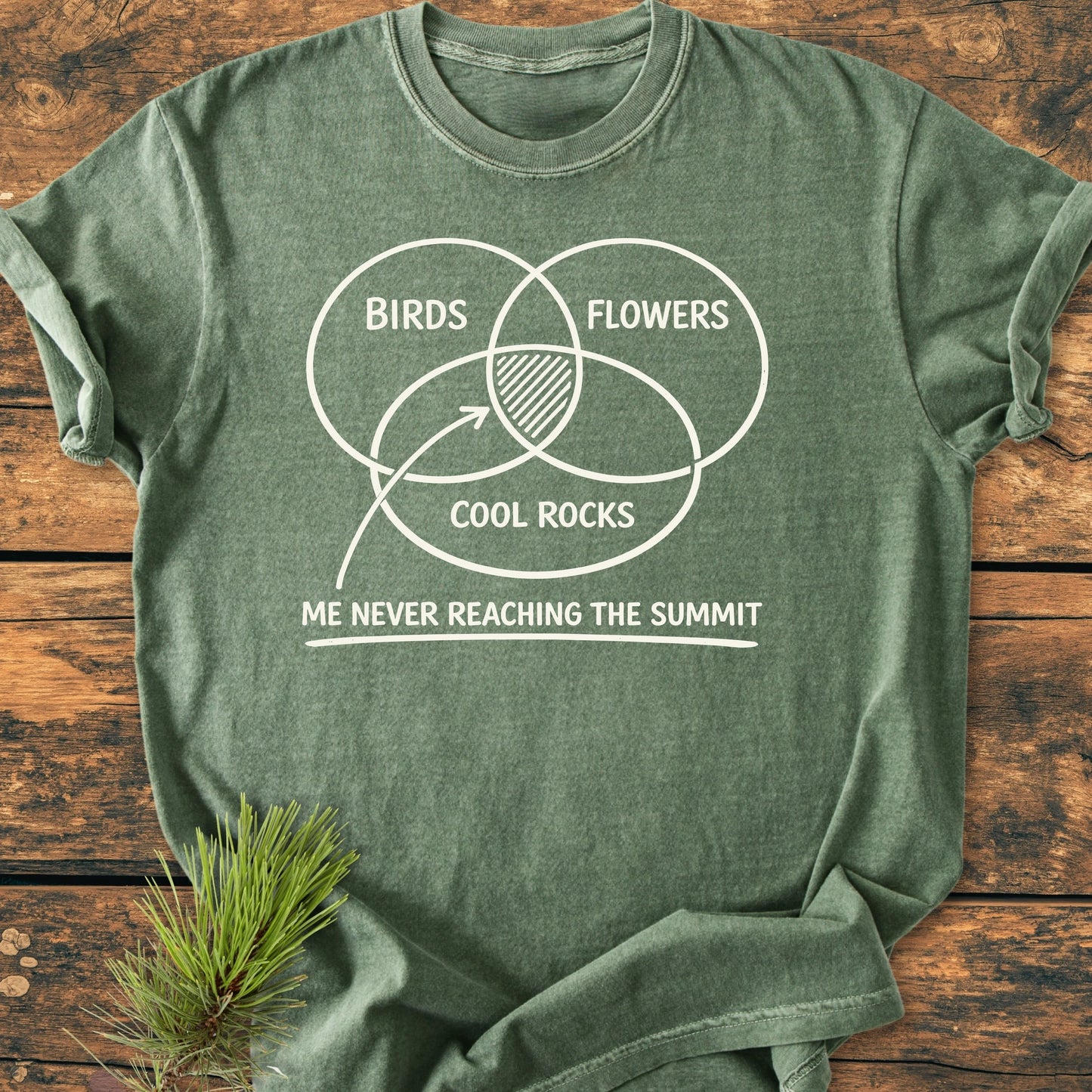 Green T-shirt with 1416 Easily Distracted Hiker design: a white Venn diagram of BIRDS, FLOWERS, COOL ROCKS, with a central overlap. Text below reads, ME NEVER REACHING THE SUMMIT.