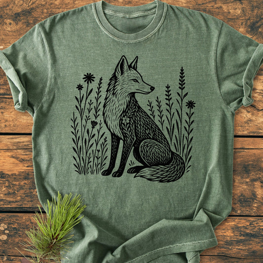 225 Wildflower Fox DARK T-shirt on wooden surface, featuring a black silhouette of a seated fox amidst wildflowers. Pine sprig beside the shirt enhances its natural, rustic appeal.