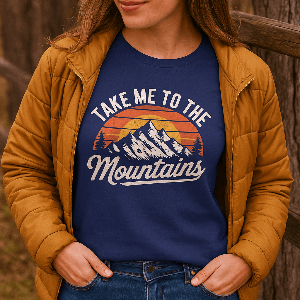 Person wearing Take Me To The Mountains T-shirt with mountain graphic and slogan, layered under a quilted jacket, hands in pockets.