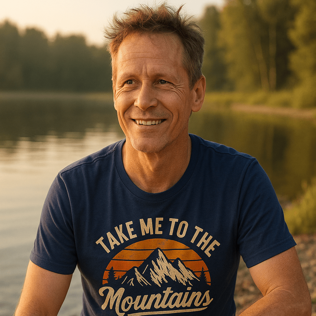 Middle-aged man outdoors wearing Take Me To The Mountains T-shirt, featuring a sunset and mountain design. Ideal for adventures with its soft, lightweight cotton.