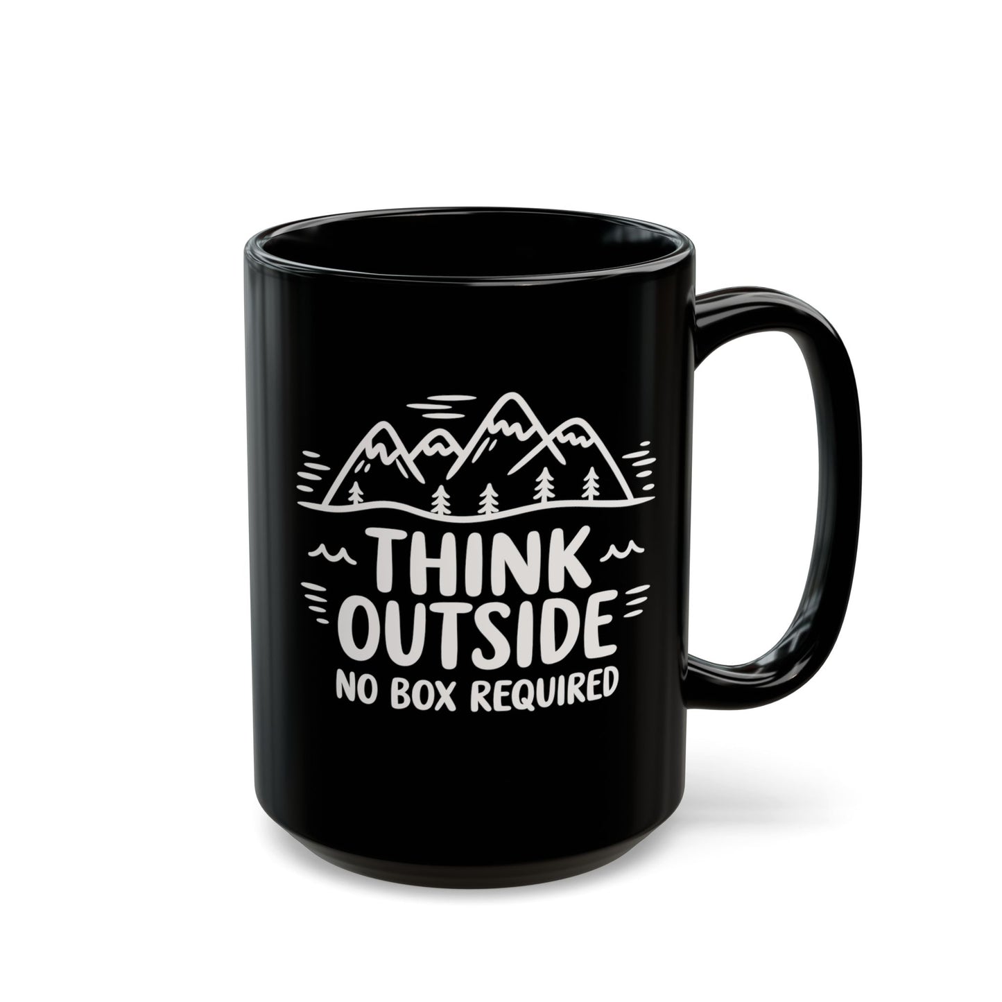 Think Outside Ceramic Mug with hand-drawn mountains and trees, featuring THINK OUTSIDE NO BOX REQUIRED slogan. Glossy black finish, easy-grip handle, microwave and dishwasher safe, ideal for hot beverages.