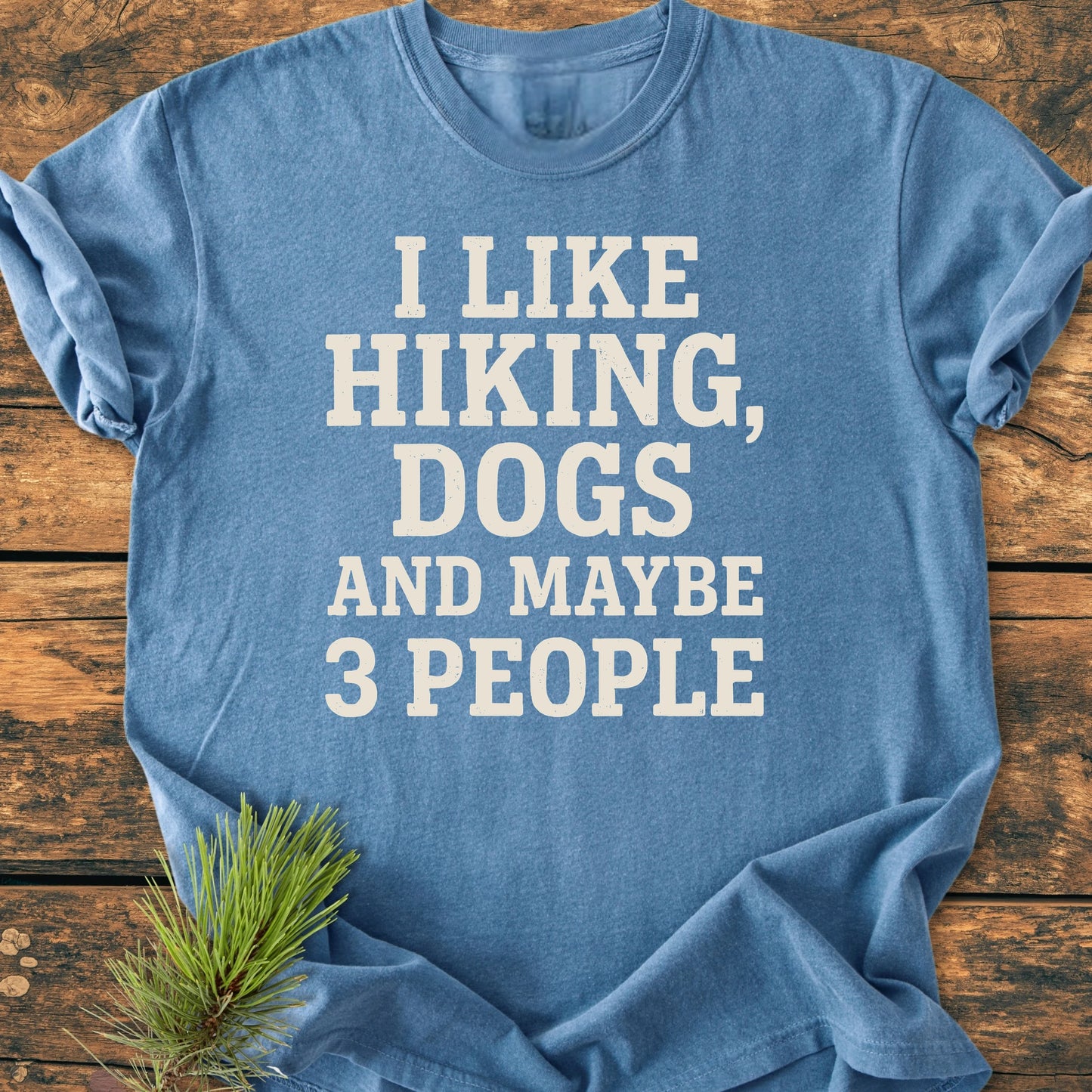 Heathered blue T-shirt flat-lay, reads I LIKE HIKING, DOGS AND MAYBE 3 PEOPLE in white block letters; pine sprig decoration. Vintage wash, relaxed unisex fit. 1431 I Like Hiking And Dogs.