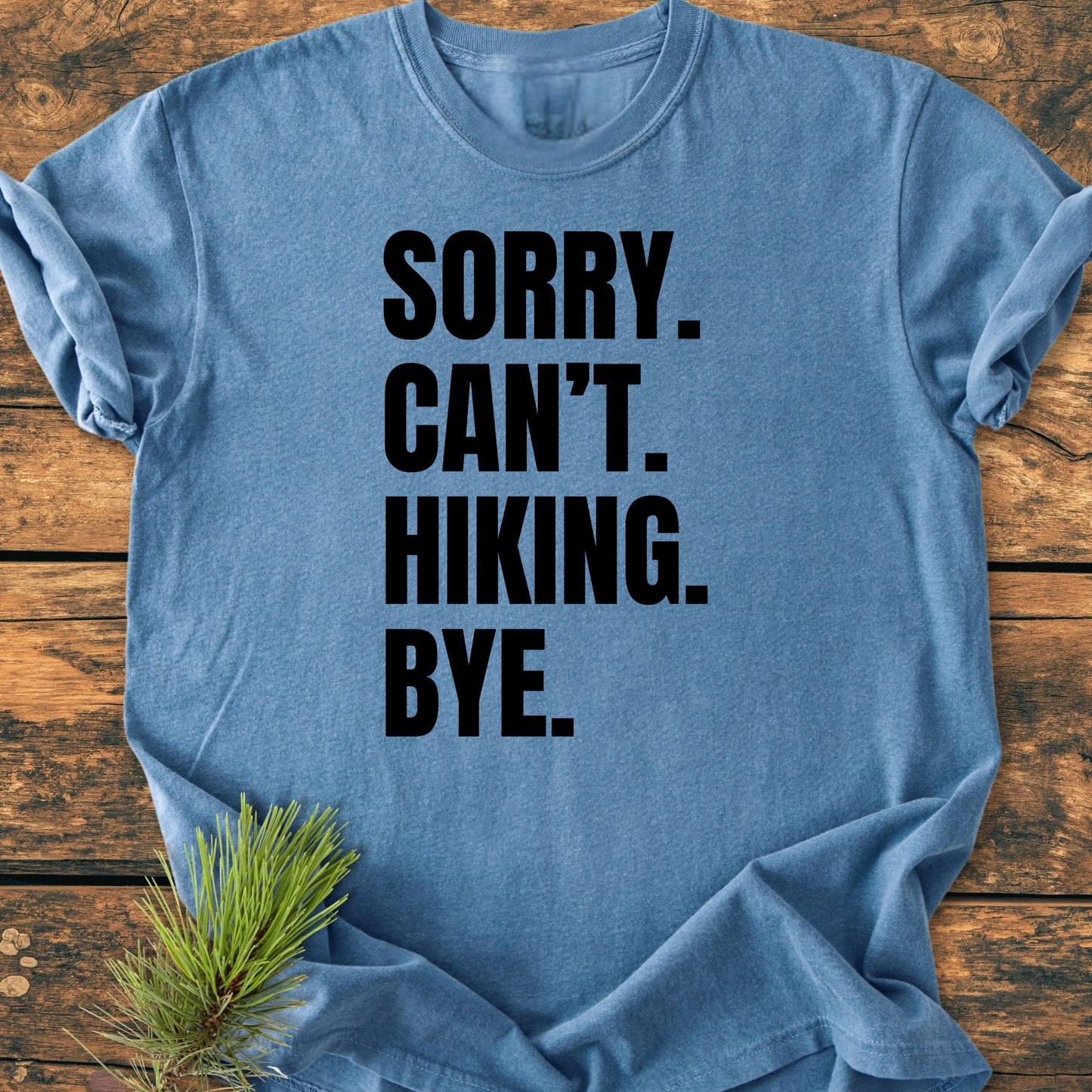Light-blue T-shirt with bold black text: SORRY. CAN’T. HIKING. BYE. displayed on a wooden surface with a pine twig beside it, highlighting the 1413 Sorry. Can't. Hiking product.