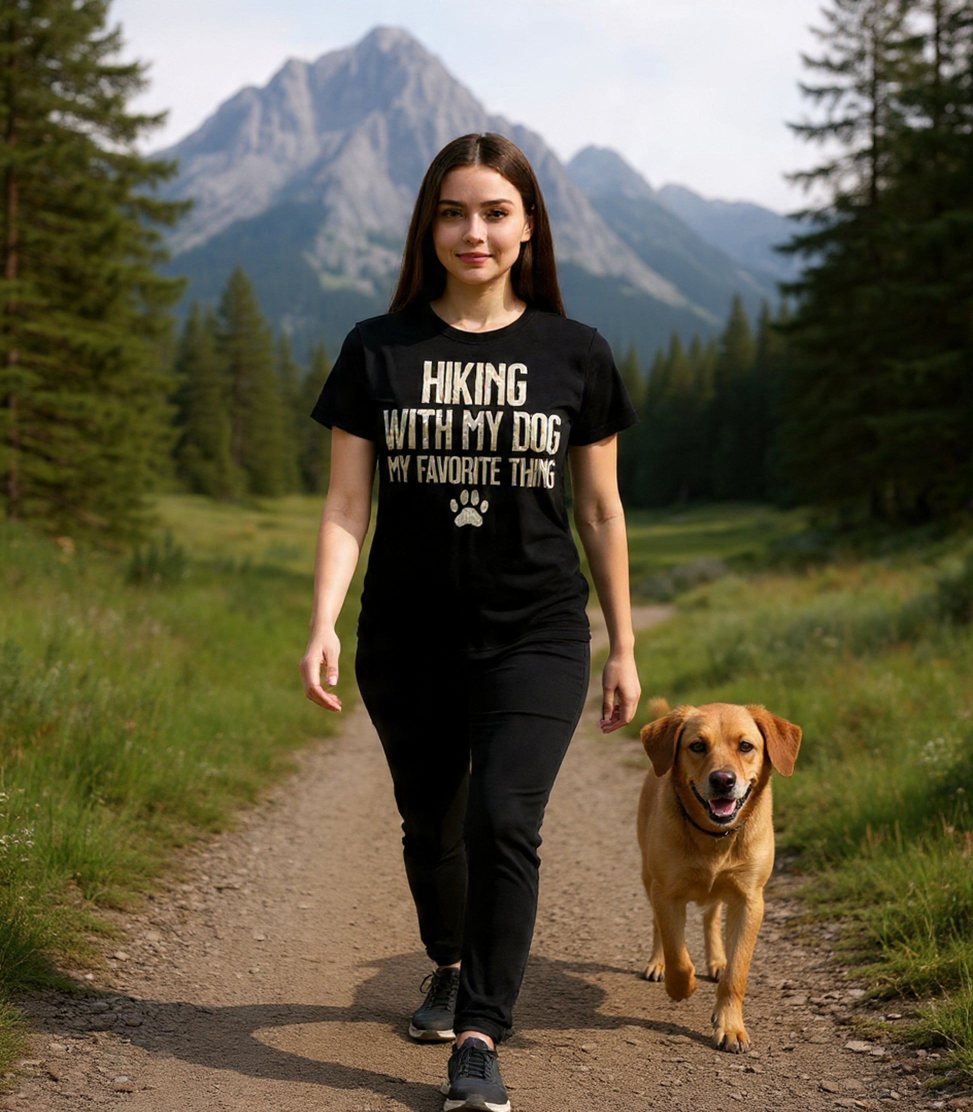 A young woman walks a dirt trail wearing the Hiking With My Dog T-Shirt, showcasing its black, comfortable fit and paw-print graphic, alongside her happy, golden-brown dog in a scenic forest setting.