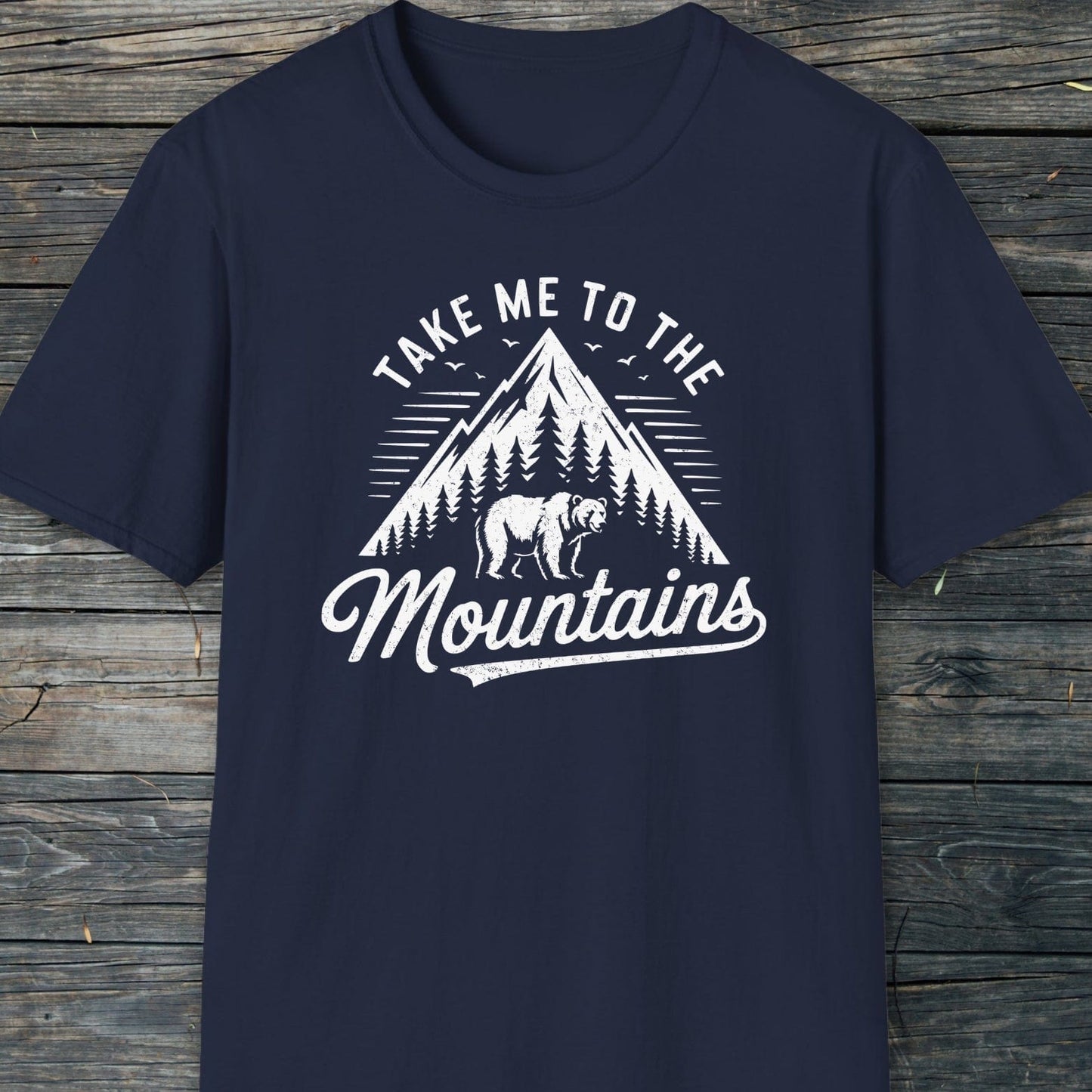 Take Me To The Mountains T-Shirt featuring a vintage mountain and bear graphic, ideal for adventure with its soft, durable cotton and unisex fit.
