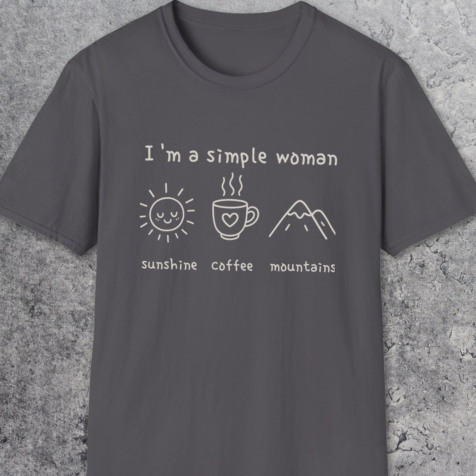 I'm A Simple Woman - Sunshine Coffee Mountains T-Shirt featuring line-art icons of a sun, coffee mug, and mountains, highlighting simple joys on a comfortable cotton tee.