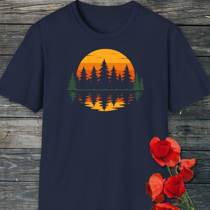 Retro Sunset Pines T-Shirt: dark-navy tee with a forest silhouette and sunset print, laid flat, showcasing soft, ring-spun cotton and durable design.