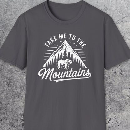 Take Me To The Mountains T-Shirt with a mountain, trees, bear graphic. Soft cotton, unisex fit, ideal for outdoor adventures and casual wear.