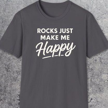 Rocks Make Me Happy T-Shirt with white lettering on charcoal-gray fabric, showcasing comfort and adventure-ready design, crafted from soft, lightweight ring-spun cotton.