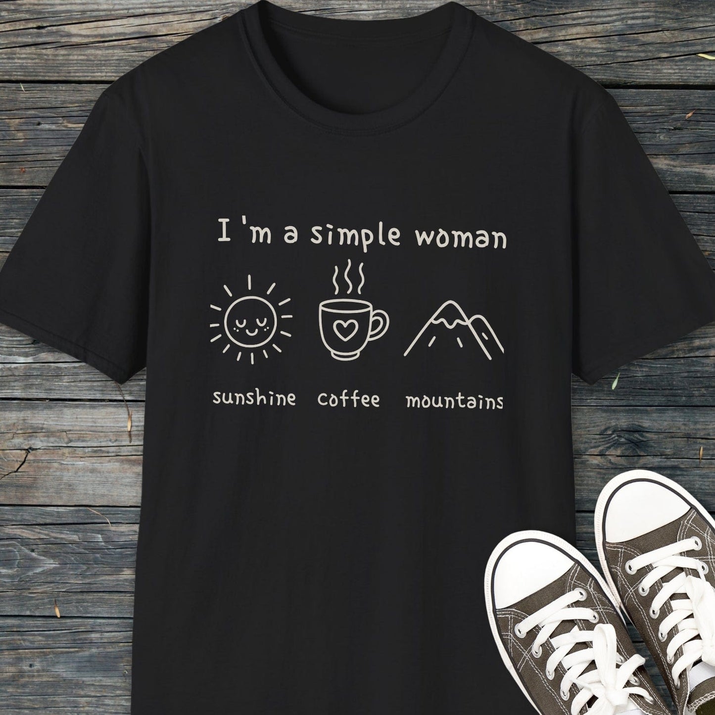I'm A Simple Woman - Sunshine Coffee Mountains T-Shirt, featuring hand-lettered text and icons of a sun, coffee mug, and mountains on soft cotton.